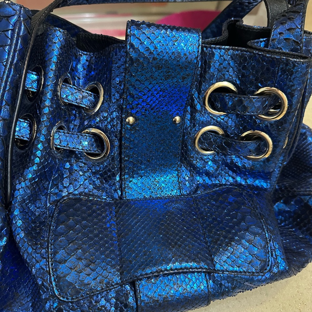 Jimmy Choo Shimmering Blue real  python/snake skin Shoulder bag RARE - Picture 7 of 16